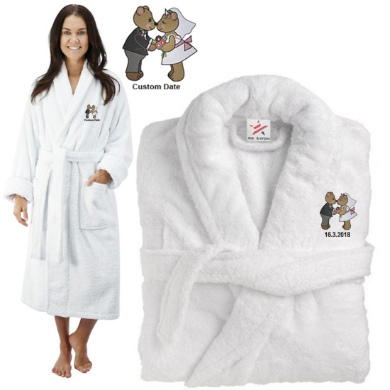 Deluxe Terry cotton with loving teddy bear couple CUSTOM TEXT Embroidery bathrobe