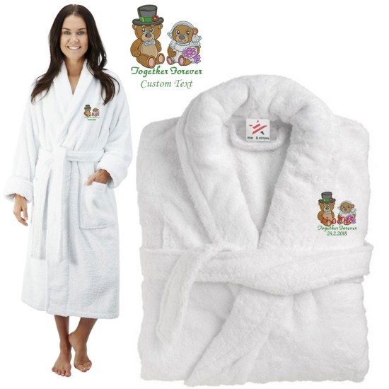 Deluxe Terry cotton with couple together forever teddy CUSTOM TEXT Embroidery bathrobe