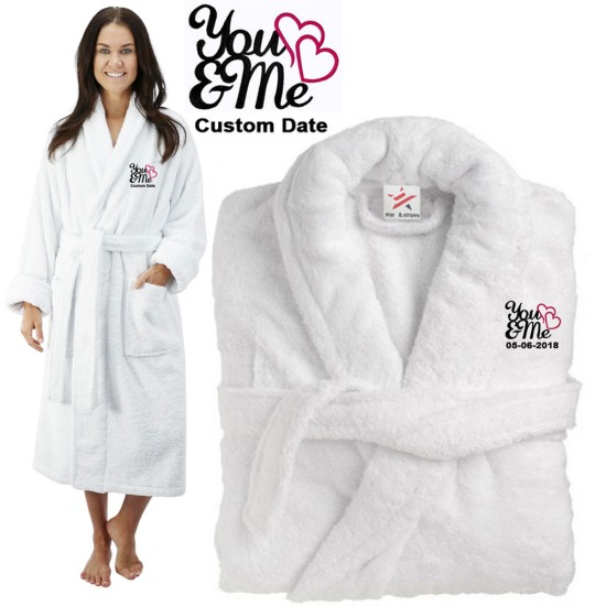 Deluxe Terry cotton with YOU & ME WITH HEARTS CUSTOM TEXT Embroidery bathrobe