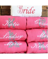 A White Bride FUSCHIA PINK Bridesmaid set Waffle robe with custom back Embroidery