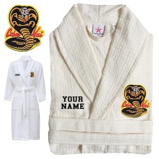 A Karate Gown with Custom TEXT Embroidery on WAFFLE bathrobe