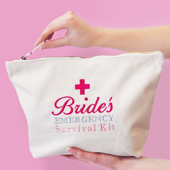 Personalised TEXT EMBROIDERY bag - Personalised BRIDES survival kit embroidered on cotton purse bag