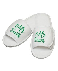 Personalised embroidery Mr custom text in script slipper