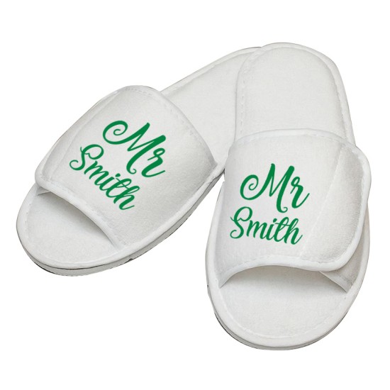 Personalised embroidery Mr custom text in script slipper