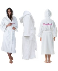 A White Hooded Custom TEXT FRONT+BACK Embroidery TERRY Towel Bathrobe