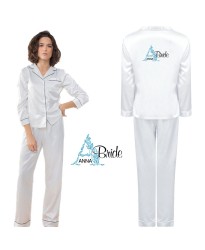 Personalized Bride's Satin Pyjama Set with Your Name and Role with White Floral Design for Wedding Party 