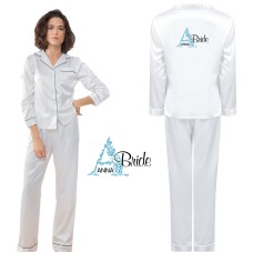 Personalized Bride's Satin Pyjama Set with Your Name and Role with White Floral Design for Wedding Party 