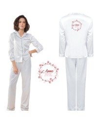 Personalized Bride's Satin Pyjama Set with Your Name and Role with White Floral Design for Wedding Party
