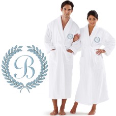 A Custom ORGANIC Luxury Velour Striped with Laurel CUSTOM initial Embroidery on FRONT of bathrobe
