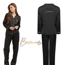 Customized Bridesmaid Satin Black Pyjama Set with Heart Design for Maid of Honors for Bridal Party