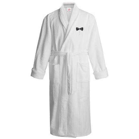 White Bathrobe with Bow Tie logo with buttons embroidered Bathrobe