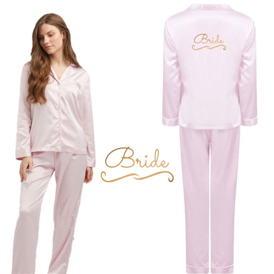 Customized Bridesmaid Satin Pink Pyjama Set with Satin Design for Bride and Maid of Honors for Bridal Party