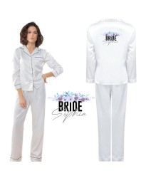 Personalized Bride's Satin Pyjama Set with Your Name and Role with White Floral Design for Wedding Party