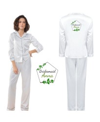 Personalized Bride's Satin Pyjama Set with Your Name and Role with White Floral Design for Wedding Party 	