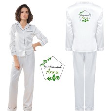 Personalized Bride's Satin Pyjama Set with Your Name and Role with White Floral Design for Wedding Party 	