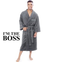 Grey Luxury Velour Bathrobe with I'm in charge style design embroidery