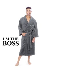 Grey Luxury Velour Bathrobe with I'm in charge style design embroidery