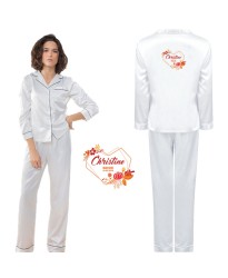 Personalized Bride's Satin Pyjama Set with Your Name and Role with White Floral Design for Wedding Party