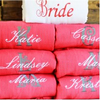 White Bride Red Bridesmaid set Waffle robe with custom back Embroidery