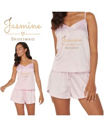 Customized Bridesmaid Satin Pink Camisole Set with Heart Design with Your Name and Role	