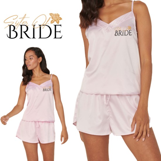 Personalized Bridesmaid Satin Camisole Set for Bride's Sister and Name with Floral Design for Wedding Party