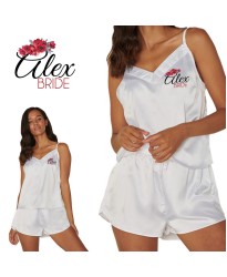 Personalized Bride's Satin Camisole Set with Your Name and Role with White Floral Design for Wedding Party