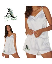 Customized Bridal bath Robes Floral Text Camisole Set for Girls for Bridal Shower and Parties in White Colour