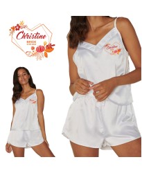 Personalized Bride's Satin Camisole Set with Your Name and Role with White Floral Design for Wedding Party