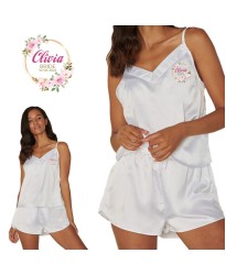 Personalized Bride's Satin Camisole Set with Your Name and Role with White Floral Design for Wedding Party