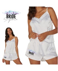 Personalized Bride's Satin Camisole Set with Your Name and Role with White Floral Design for Wedding Party