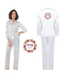 Personalized Bride's Satin Pyjama Set with Your Name and Role with White Floral Design for Wedding Party 