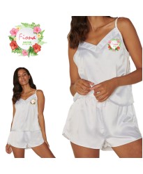 Personalized Bride's Satin Camisole Set with Your Name and Role with White Floral Design for Wedding Party