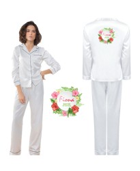 Personalized Bride's Satin Pyjama Set with Your Name and Role with White Floral Design for Wedding Party 