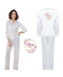 Personalized Bride's Satin Pyjama Set with Your Name and Role with White Floral Design for Wedding Party