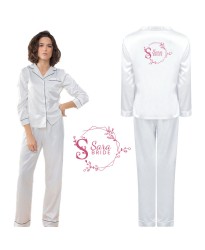 Customized Night Wear Soft Satin Wedding Pyjama Set for Brides for Bridal Showers in White Colour	