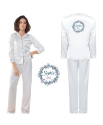 Personalized Bride's Satin Pyjama Set with Your Name and Role with White Floral Design for Wedding Party