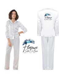 Personalized Bride's Satin Pyjama Set with Your Name and Role with White Floral Design for Wedding Party