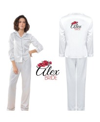 Personalized Bride's Satin Pyjama Set with Your Name and Role with White Floral Design for Wedding Party