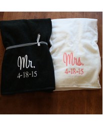 Personalised Set for Mr (Black Towel) & Mrs (White Towel) with date embroidery 